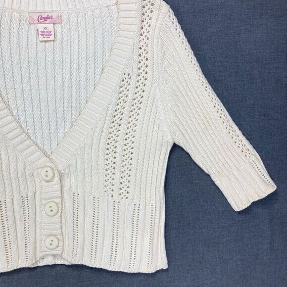 Candies V- Neck Cardigan Womens S Girls XL Ivory Knit Casual Minimalist Sweater - Picture 4 of 15